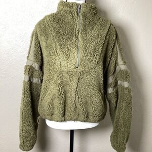 Free People Movement Cropped Sherpa Quarter Zip Coat, Olive Green, XS Oversized